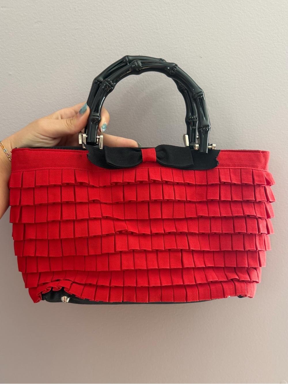 Braciano Red Ruffle Satchel Handbag with Black Bamboo Handles